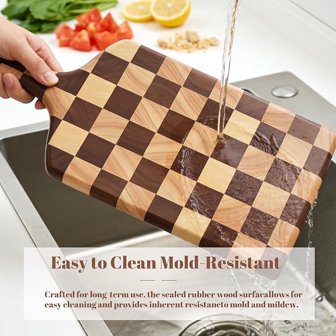 Checkered Rectangular Cutting Board with Handle for Kitchen, 15"L x 7"W x 1" Thick – Wooden Chopping & Charcuterie Serving Board in Acacia Wood for Meat, Bread, Fruit & Vegetables