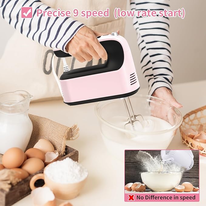 9-Speed Digital Hand Mixer Electric, 400W Powerful DC Motor, Hand Mixer Electric Handheld with Snap-On Storage Case, 5 Stainless Steel Accessories, Beaters, Dough Hooks, Whisk(Pink/Black)
