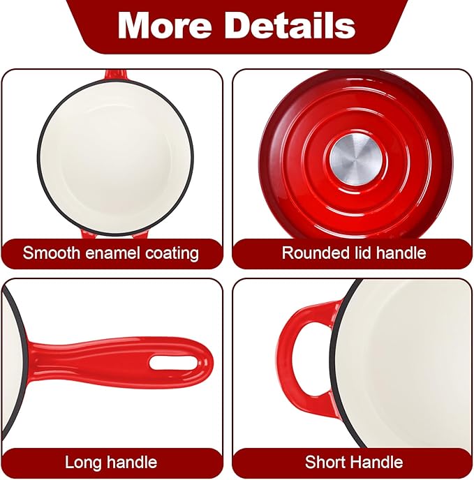 HaSteeL 1 QT Cast Iron Saucepan, Mini Enamel dutch oven with lid, Small Non Stick Pan for Milk, Pasta Tomato Sauce, Butter, Breakfast, Soup, Suitable for Boiling Stewing Frying, Easy to Clean, Red