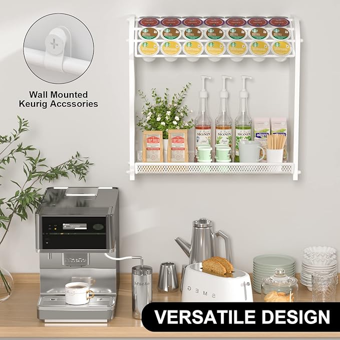 Coffee Pod Organizer for Countertop, Bamboo K Cup Holder, Easy Assembly Coffee Station Organizer for Home Office Coffee Bar, White