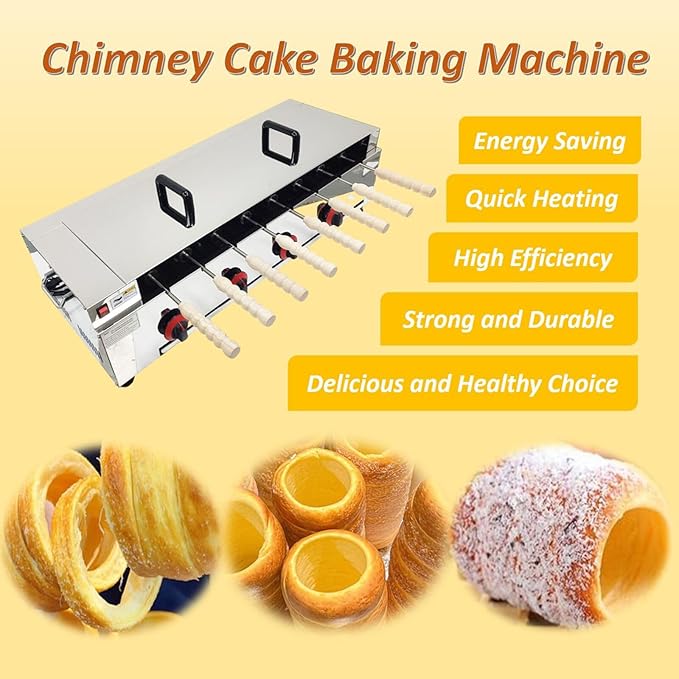 220V LP Gas Chimney Cake Baking Machine Stainless Dtee Commercial 8 pcs Molds Roller Ice Cream Cone Oven Chimney Bread Roll Maker For Restaurant Home 50W