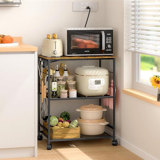 Rolling Kitchen Microwave Cart with Power Outlet, 3 Tier Microwave Table Stand with Storage, Kitchen Utility Cart on Wheels, Small Coffee Cart Shelf Rack Organizer for Living Room Office