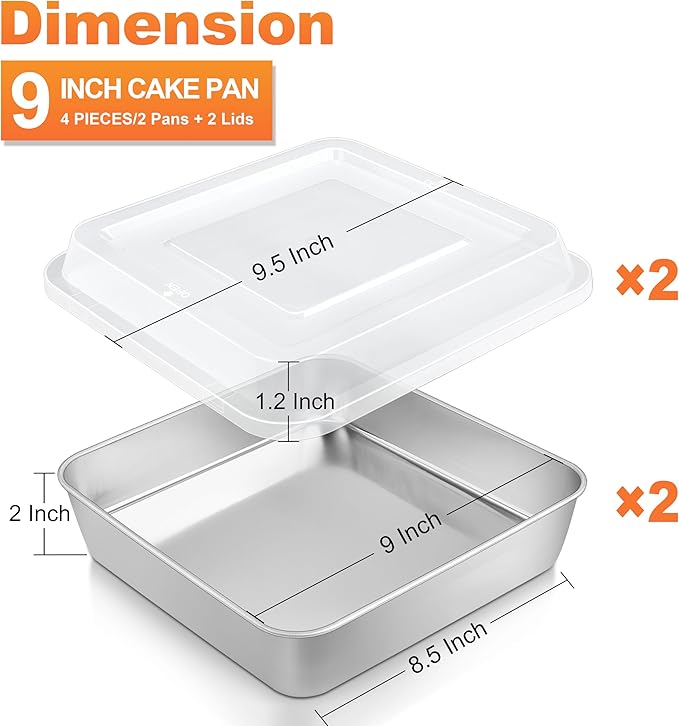 Herogo Baking Pan with Lid, 9''x 9'' Stainless Steel Nonstick Square Deep Cake Pan, Rectangle Cakes Bakeware for Brownies Casseroles, Non Toxic & Dishwasher Safe, Set of 2