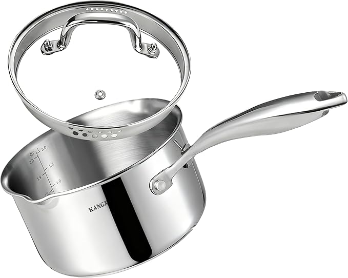 KANGXW 2.0 Quart Stainless Steel Saucepan,With Pour Spout and Filter Glass Lid Milk Pan, Sauce, Gravy, Pasta Stock Pot For All Stovetops