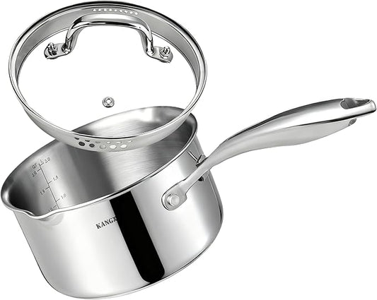 KANGXW 2.0 Quart Stainless Steel Saucepan,With Pour Spout and Filter Glass Lid Milk Pan, Sauce, Gravy, Pasta Stock Pot For All Stovetops
