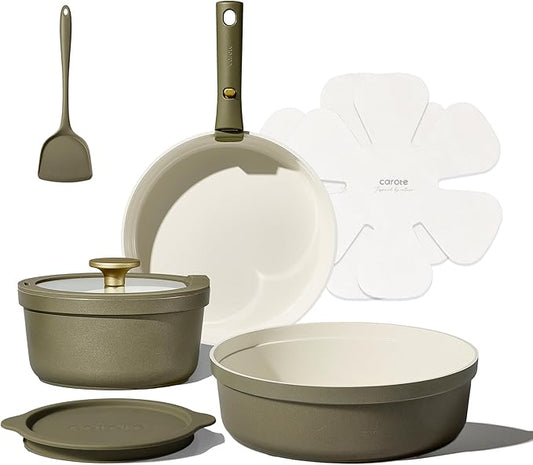 Carote 9pcs Ceramic Cookware Set with Detachable Handles, Pots and Pans Set Non Stick, RV Kitchen Cooking Pot and Pan, Dishwasher Safe, Non-toxic Induction Cookware PFAS and PFOA Free, Green