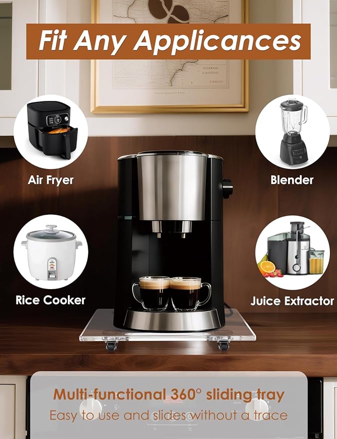 Acrylic 360° Glide Heavy-Duty Appliance Sliders for Countertops – Space-Saving, Effortless No-Lift Moving Tray for Coffee Makers, Kitchen Appliances with Scratch-Proof Protection(Clear)
