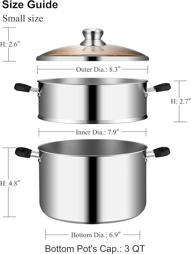 VENTION 7.9 Inch Small Vegetable Steamer Pot, 3 QT Induction Stainless Steel Steamer for Cooking, Steam Pot(20cm)