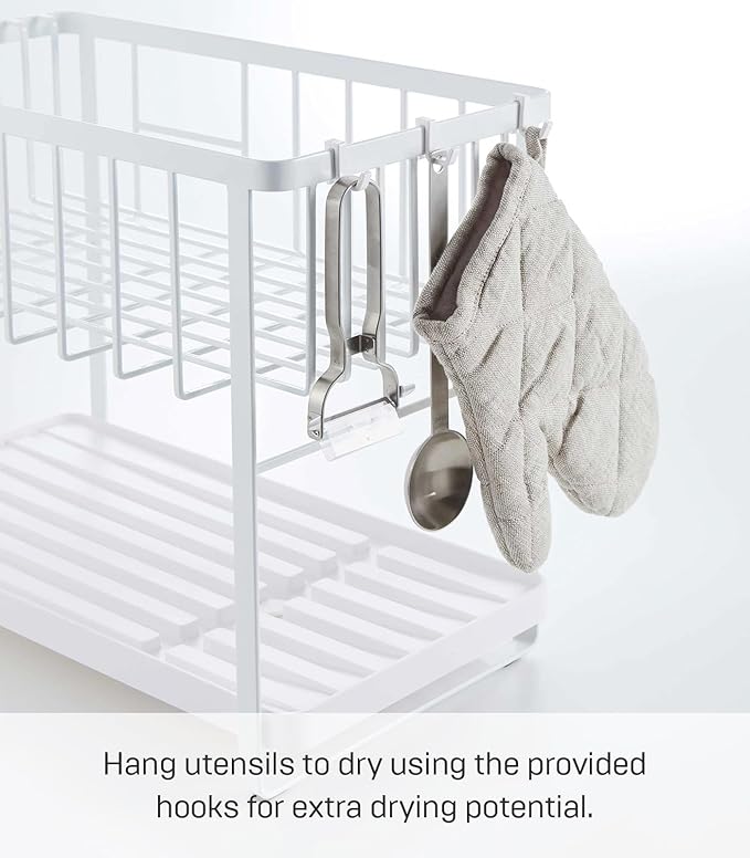 YAMAZAKI Home Tower Two-Tier Adjustable Dish Drainer Rack, Compact Drying Rack with Hooks, Utensils Holder - Steel -