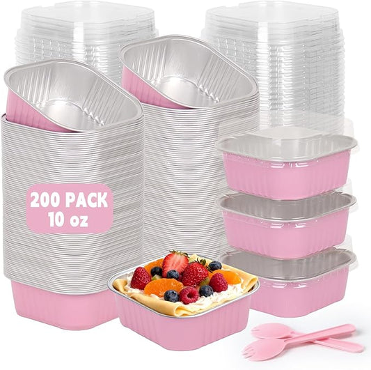 200 Pack 10 oz Pink Square Mini Cake Pans with Lids, Aluminum Foil Square Brownie Baking Cups for Ramekins Muffin Cupcake Wedding Birthday Party