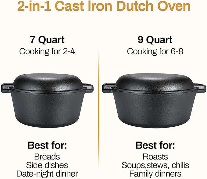 TLGREEN Cast Iron Dutch Oven Pot with Lid, Pot (6.7QT) and Lid as a Skillet(2.5QT) - Dutch Oven Cast Iron with Silicone Holders, Iron Stand, for Oven, Stove, Grill，Campfire