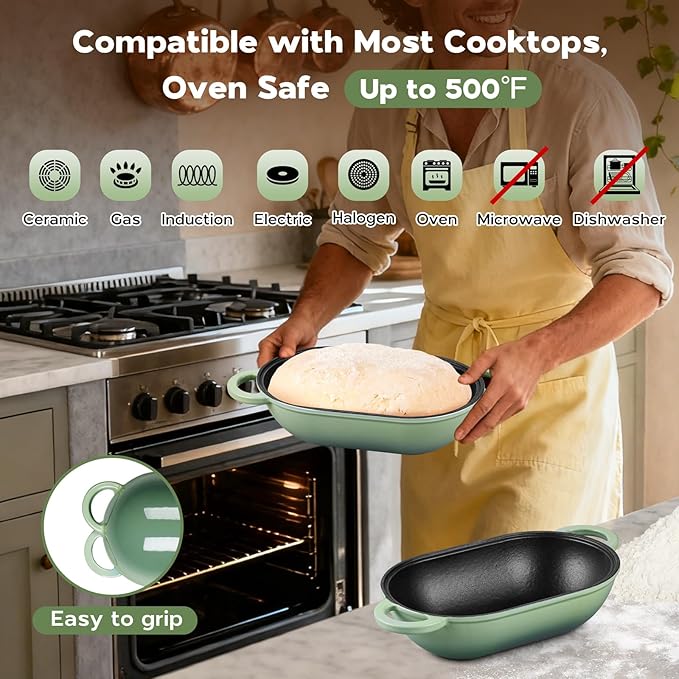 Onader Enameled Cast Iron Oval Dutch Oven for Bread Baking, 9x5-1/2 Inch Loaf Cast Iron Bread Oven Pan with Lid, 2.8QT Meatloaf Pan for Sourdough, Heavy Duty - Pistachio Green