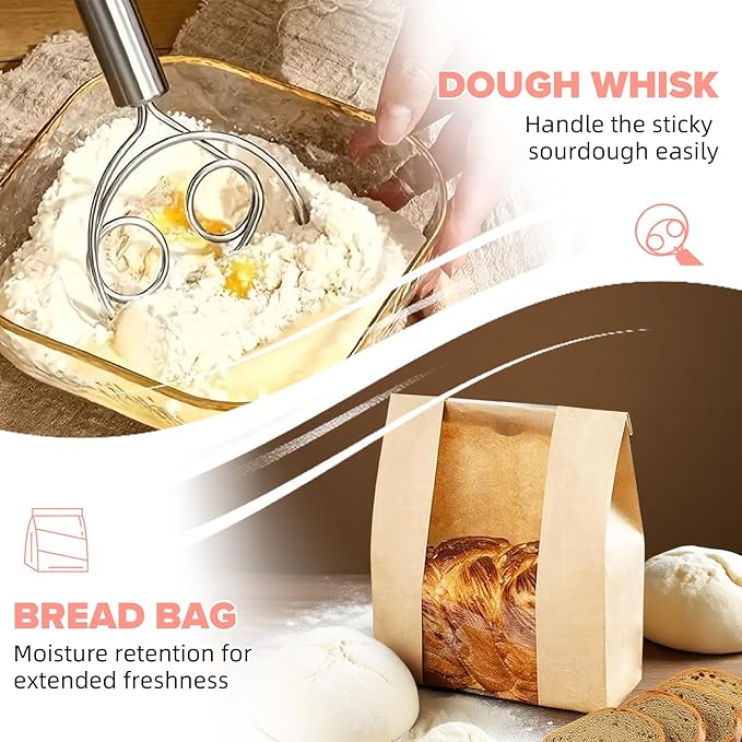 Sourdough Starter Kit, 15 Pcs Sour Dough Bread Baking Supplies for Beginners with 24 Oz Glass Starter Jar, Complete Bread Making Set with Silicone Banneton Proofing Basket, Baking Accessory