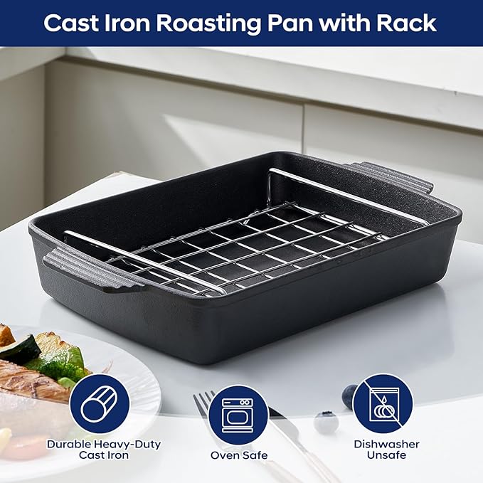 Cast Iron Roasting Pan with Rack, 9 x 12.6 Inch Heavy Duty Turkey Roaster, Induction Compatible Meat Broiler Pan for Stovetop and Oven