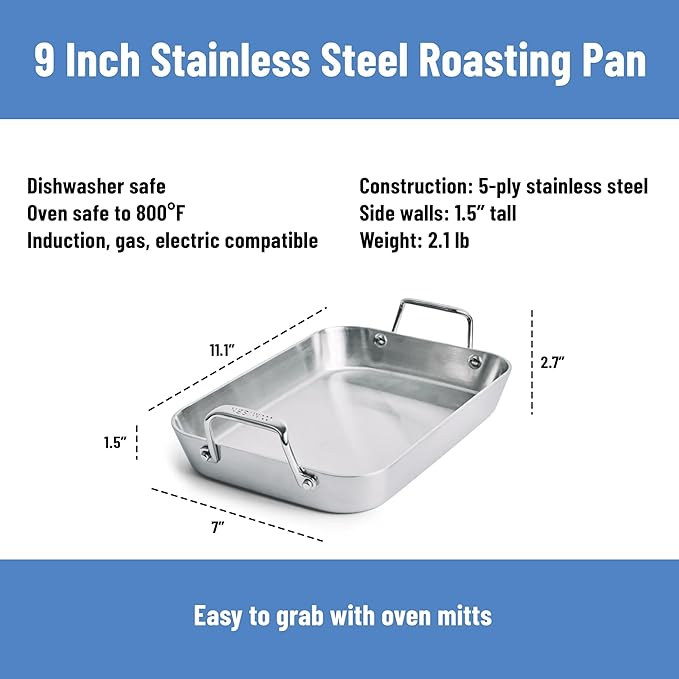 Misen Stainless Steel Roasting Pan with Handles - Versatile 5-Ply Design, Easy Grip Handles, Multi-Functional Cooking, Ideal for Baking, Searing, & Roasting, Superior Heat Conduction, Premium - 9"