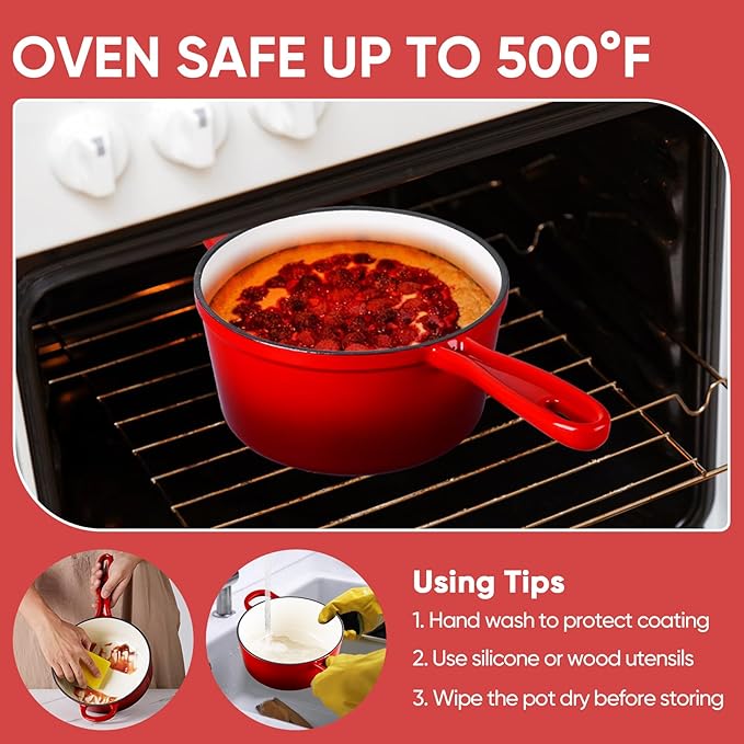 TeamFar 3QT Enameled Cast Iron Sauce Pan, Small Sauce Pot with Lid, Mini Dutch Oven Saucepan for Cooking/Simmering/Baking/Boiling, Sturdy & Nonstick, Oven Safe & Fit for Induction-Red