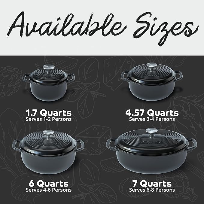 Segretto Cookware Enameled Oval Cast Iron Dutch Oven with Handle, 7 Quarts, Nero (Black), 7qt Cast Iron Pot with Lid | Enamel Dutch Oven for Bread Baking, Ceramic Pots for Cooking, Soup