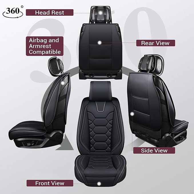OASIS AUTO Car Seat Covers Front Seats, Sporty Honeycomb Waterproof Faux Leather Protectors, Universal Fit for SUV, Sedan, Truck Interior Accessories (OS-004 Black)