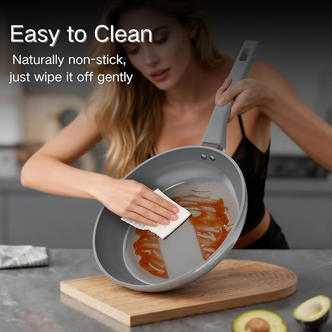 Sanho 10 Inch Frying Pan Nonstick, PFOS/PFOA/PTFE-Free Healthy Ceramic Coating, Induction Compatible Cookware for All Stovetops, Dishwasher Safe, Gray