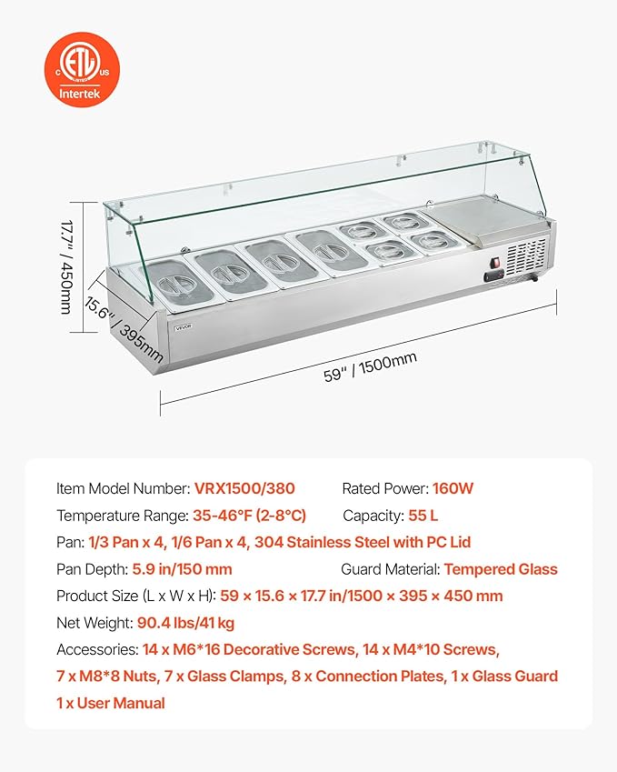 VEVOR Refrigerated Condiment Prep Station, 130 W Countertop Refrigerated Condiment Station, with Four 1/3 Pans & Four 1/6 Pans, 304 Stainless Body and PC Lid, Sandwich Prep Table with Glass Guard