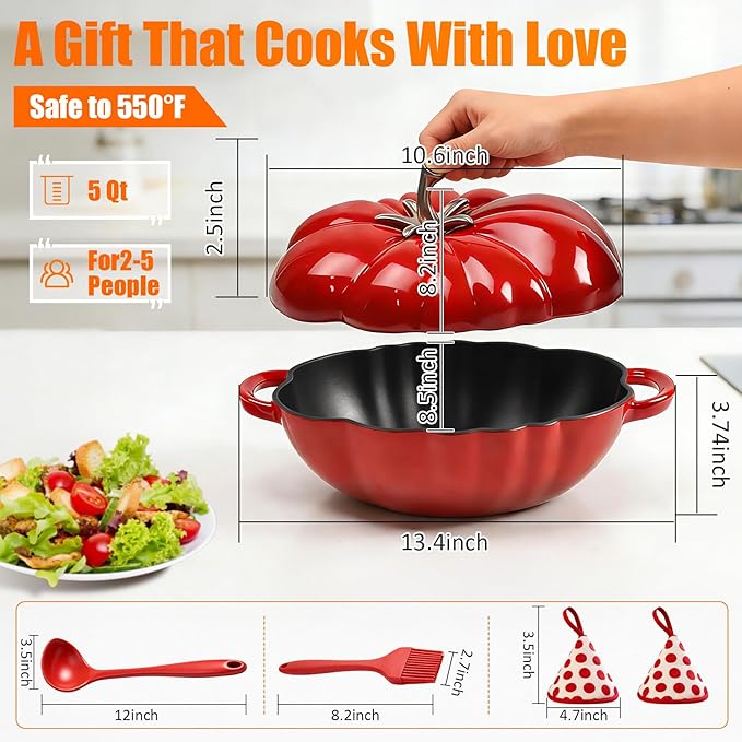 5 Qt Enameled Cast Iron Pumpkin Dutch Oven with Lid, Heavy Duty Pumpkin Pot for Bread Baking, Braising & Soups, 550°F Oven Safe Cookware Set, Superior Heat Retention, Includes Silicone Tools