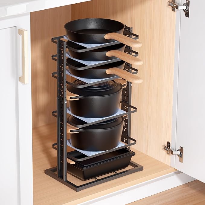 LAMU Pots and Pans Organizer for under Cabinet, 6-Tier Heavy Duty Pan Pot Organizers inside Cabinet Adjustable 14 to 24.57", Pot Rack Kitchen Cabinet Organization and Storage Holds up to 12" Cookware