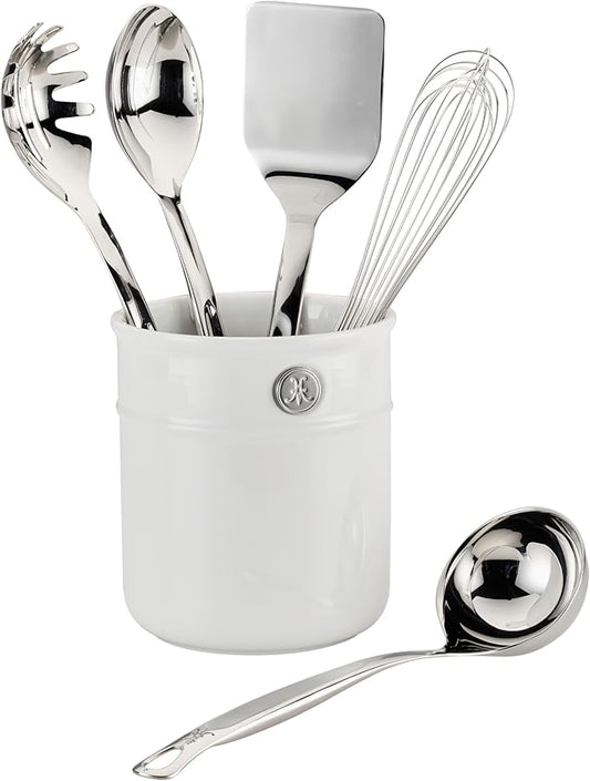 Hestan Provisions Chef's Tools, Deluxe Tool Set (6-Piece) with Porcelain Holder/Bain Marie & Stainless Steel: Solid Spoon, Ladle, Pasta Fork, Turner/Spatula, French Whisk
