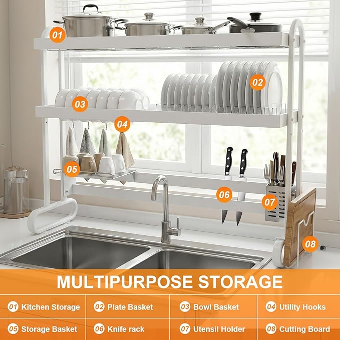 Kitchen Counter Dishrack with Utensil Holder Over Sink Dish Drying Rack Anti-Slip Thickened Sink Rack for Draining & Storing Dishes