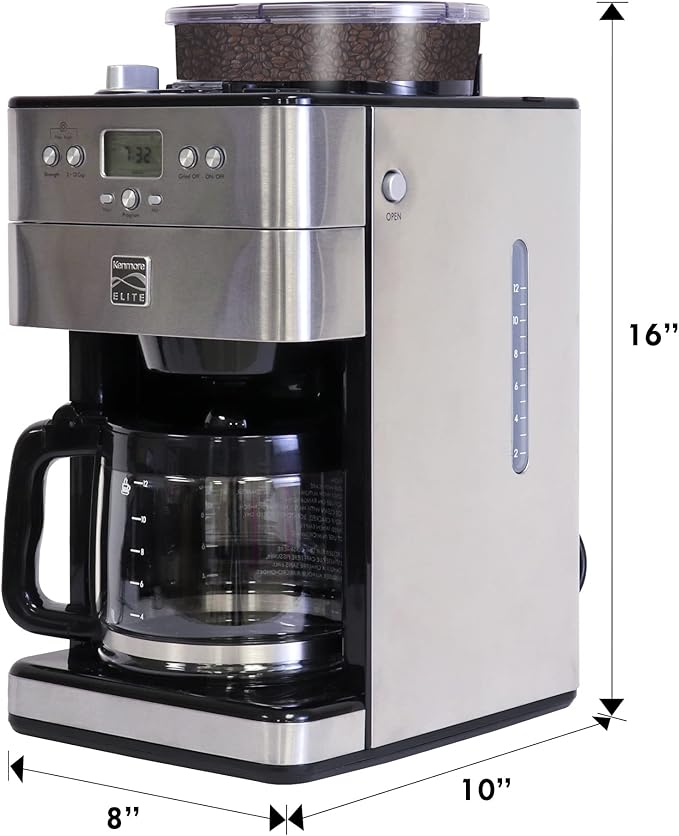 Kenmore Elite Grind and Brew Coffee Maker with Built‑In Burr Grinder, Automatic Drip Machine, 12‑Cup Programmable Brewer, Bean‑to‑Cup Cafetera, Stainless Steel Coffee Maker for Home & Office