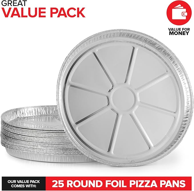 (25 Pack) 12 Inch Aluminum Pizza Pans Disposable Round Foil Focaccia Pan for Individual Personal Pizzas, Giant Size Chocolate Chip Cookie Cake Tin, Large Serving Trays, Platter Tray