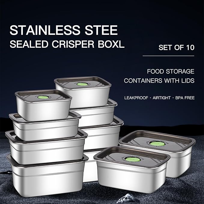 Stainless Steel Food Storage Containers Set of 10,Airtight Leakproof Meal Prep Containers with Lids, Reusable Stackable Lunch Boxes for Food Organization, Freezer & Dishwasher Safe