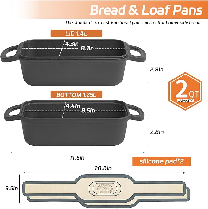 Cast Iron Bread Pan with Lid, Cast Iron Bread Loaf Pan with 2 Silicone Bread Mats, Sourdough Loaf Pan with Lid, Heavy Duty Loaf Pans for Oven Baking Bread, Bread Pans for Homemade Bread(Black)