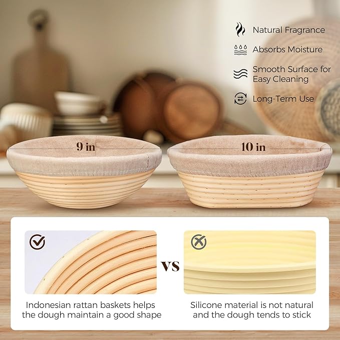 Banneton Bread Proofing Basket - Sourdough Starter Kit Banneton Sourdough Proofing Basket Set of 2, Sourdough Bread Baking Supplies for Making Baking Fermentation (9" Round & 10" Oval, 6 Accessories)