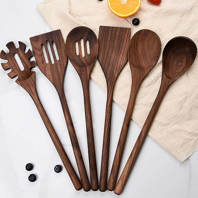 6 PCS Wooden Kitchen Utensils Set, Black Walnut Wood Long Handle Spoons and Spatula Set for Cooking, Heat Resistant Non-Stick Cookware