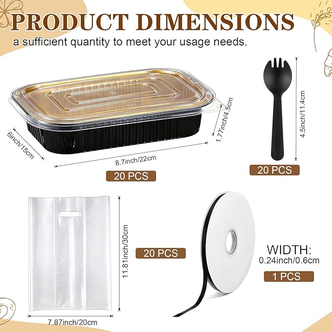 20 Sets 8.7 x 6 Inch Large Loaf Cake Pans with Lids and Spoons Rectangle Aluminum Foil Bread Loaf Baking Pans Disposable big Cake Tins with Clear Plastic Bags and Ribbon, Black Gold, 33.8 oz