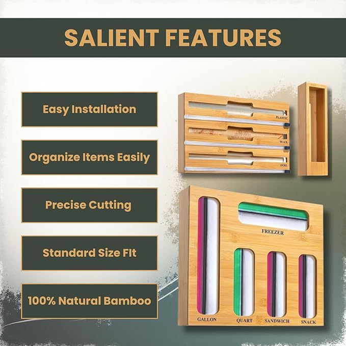9-in-1 Bamboo Kitchen Drawer Organizer with Cutter – Storage Box for Foil, Plastic Wrap, and Bag Dispenser Compatible with Gallon, Quart, Sandwich & Snack Sizes