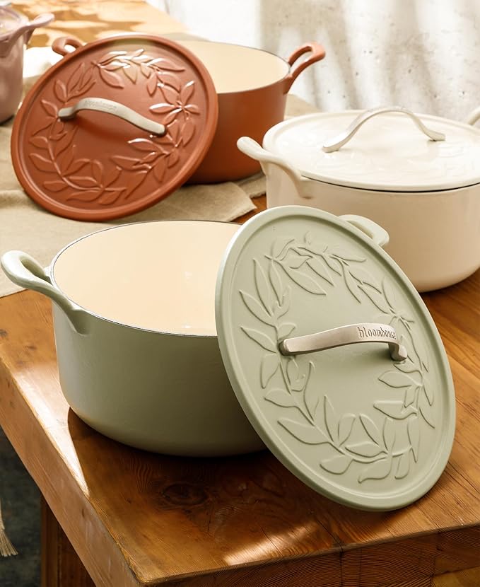 Bloomhouse - Two Time Oprah's Favorite Things Winner - 7 Qt Cast Iron Dutch Oven W/Embossed Lid, European Enamel, & Olive Wood Trivet - Matte Sage