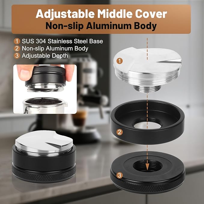 51mm Espresso Tamper Kit - Spring-loaded Coffee Tamper, Adjustable Depth Espresso Distributor Leveler, Magnetic Dosing Funnel Aluminum Metal, Reusable Puck Screen, Fit Delonghi 51mm Portafilters