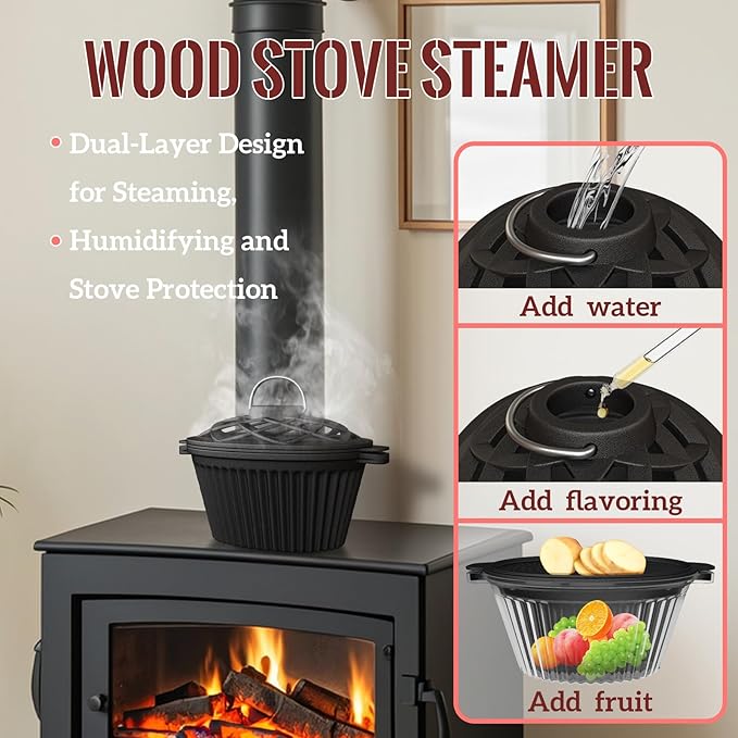 Wood Stove Steamer & Cast Iron Mortar Pestle Set Bundle - 2-in-1 Dual-Layer Humidifier with 3-Piece Grinder Kit for Steaming, Spices, Guacamole, Eco Home & Kitchen