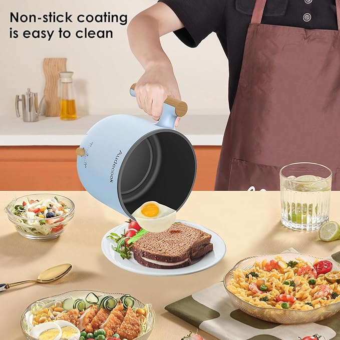 Audecook Hot Pot Electric with Steamer, 1.8L Portable Mini Travel Cooker, Multifunctional Non-Stick Electric Skillet for Stir Fry/Stew/Steam, Perfect for Ramen Noodles/Pasta/Egg/Soup/Oatmeal(Blue)