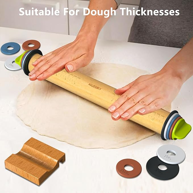 Rolling Pin with Adjustable Thickness Ring, Dough Thickness for Baking, Fondant, Pizza, Crust, Cookies, Pastry, 13.6" Wooden Rolling Pin with 4 Multi-Color Thickness Rings and Wooden Stand