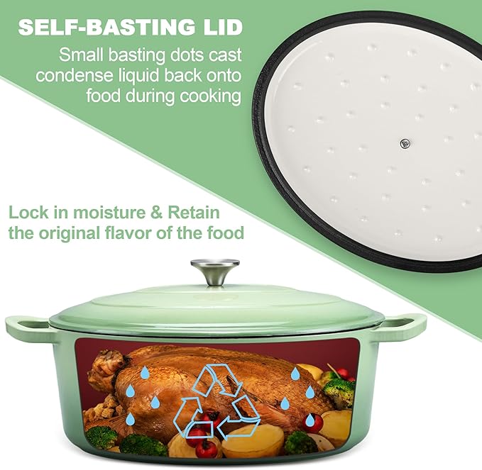 E-far 7QT Oval Dutch Oven Pot with Lid, Enameled Cast Iron Dutch Oven with Dual Handles, Heavy-Duty Cookware for Sourdough Bread Baking, Braising, Stews, Oven Safe & Easy Clean, Green