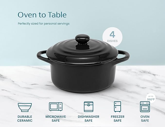 Kook Ceramic Mini Cocotte Set, Small Casserole Dishes with Lids and Handles, Individual Baking Ramekins, Oven safe 500F, Microwave & Dishwasher Safe, Stoneware, 12 oz, Set of 4, (Black)