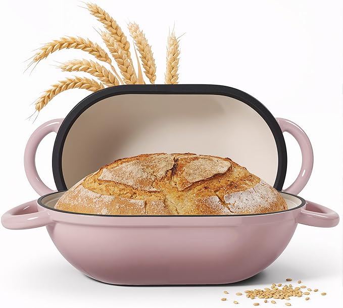 2 QT Oval Dutch Oven for Bread Baking, Enamelled Cast Iron Bread Oven for Sourdough, Sourdough Loaf Pan with Lid, Heavy-Duty Non Stick Bread Pan for Homemade Bread Baking, Pink
