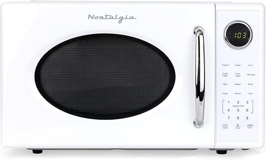 Nostalgia Retro 1000W Microwave Oven 1.1 Cu Ft Capacity – Child Safety Lock, 8 Auto-Cook Settings – Countertop Kitchen Appliance – White