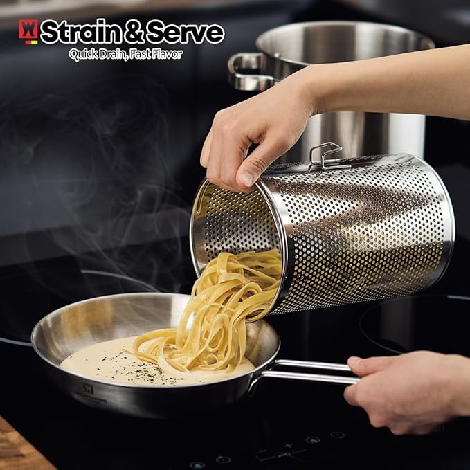 Premium Stainless Steel Asparagus Steamer Pot or Spaghetti Pasta Stovetop Cooker with Perforated Steamer Basket, Tall & Large Size, Versatile Cookware, 3-Ply Base(4.3Liters/1.14Gals)