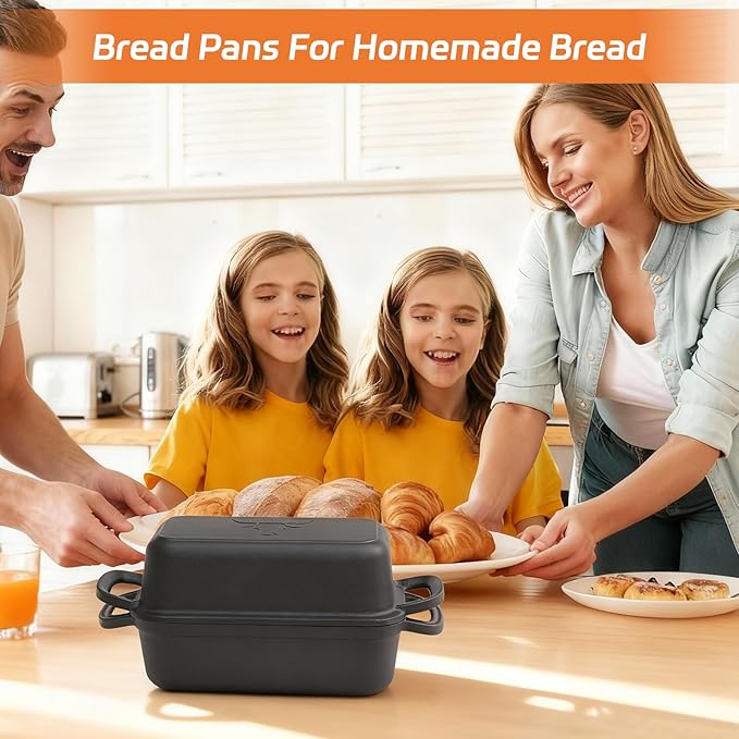 Cast Iron Bread Pan with Lid, Cast Iron Bread Loaf Pan with 2 Silicone Bread Mats, Sourdough Loaf Pan with Lid, Heavy Duty Loaf Pans for Oven Baking Bread, Bread Pans for Homemade Bread(Black)
