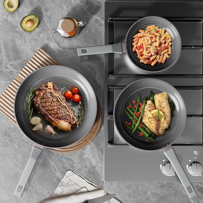 Sanho Nonstick Frying Pans Set, Ceramic Pan Skillet, Non Toxic Pans for Cooking, 8" 10" 12" Ceramic Frying Pan Set PFAS & PTFE & PFOA Free with Stay Cool Handle, Dishwasher & Oven Safe, Gray