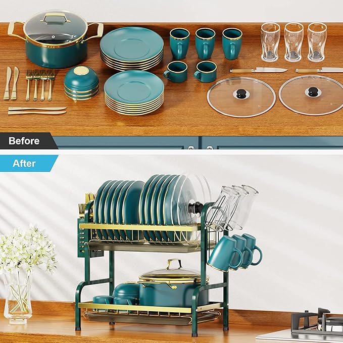 Dish Drying Rack,2 Tier Stainless Steel Dish Rack Drainboard Set,Utensil Holder, Cup Holder,Dish Drainer for Kitchen Counter,Space-Saving (Green Gold)