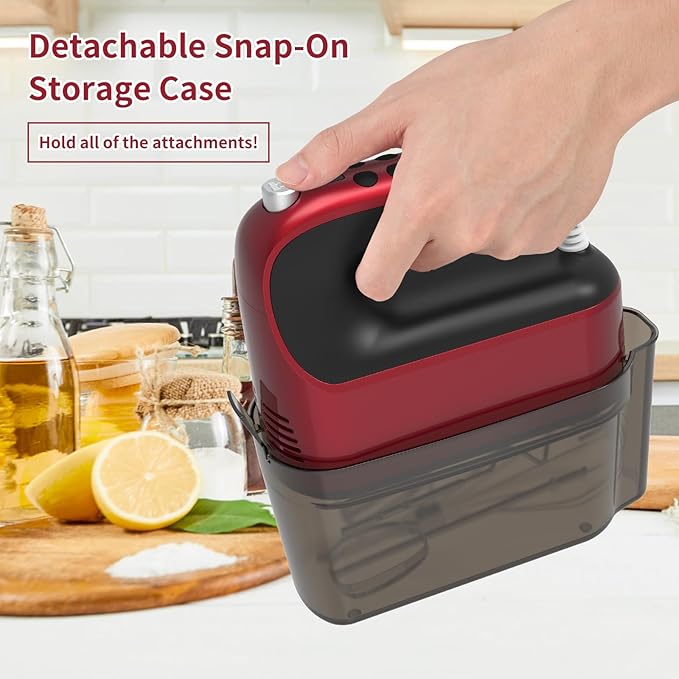 9-Speed Digital Hand Mixer Electric, 400W Powerful DC Motor, Hand Mixer Electric Handheld with Snap-On Storage Case, 5 Stainless Steel Accessories, Beaters, Dough Hooks, Whisk(Red)